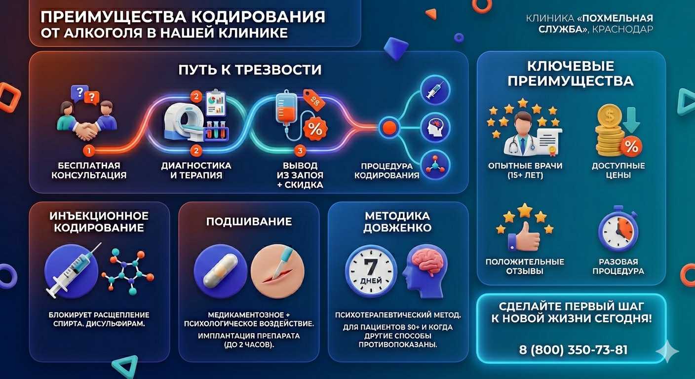 Инфографика о методах кодирования от алкоголя в Нолинске: инъекции, подшивание, метод Довженко. Преимущества клиники и этапы лечения.